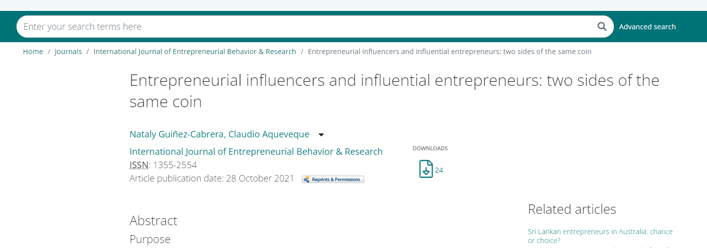 Académica del Departamento realiza publicación titulada “Entrepreneurial influencers and influential entrepreneurs: two sides of the same coin”